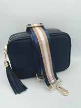 Load image into Gallery viewer, Bag Strap 79 - Navy, White & Rose Gold Sparkly Stripe