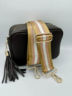 Load image into Gallery viewer, Bag Strap 83 - Caramel, White &amp; Rose Gold Sparkly Stripe
