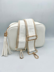 Bag Strap 77 - White Pattern & Beige Stripe