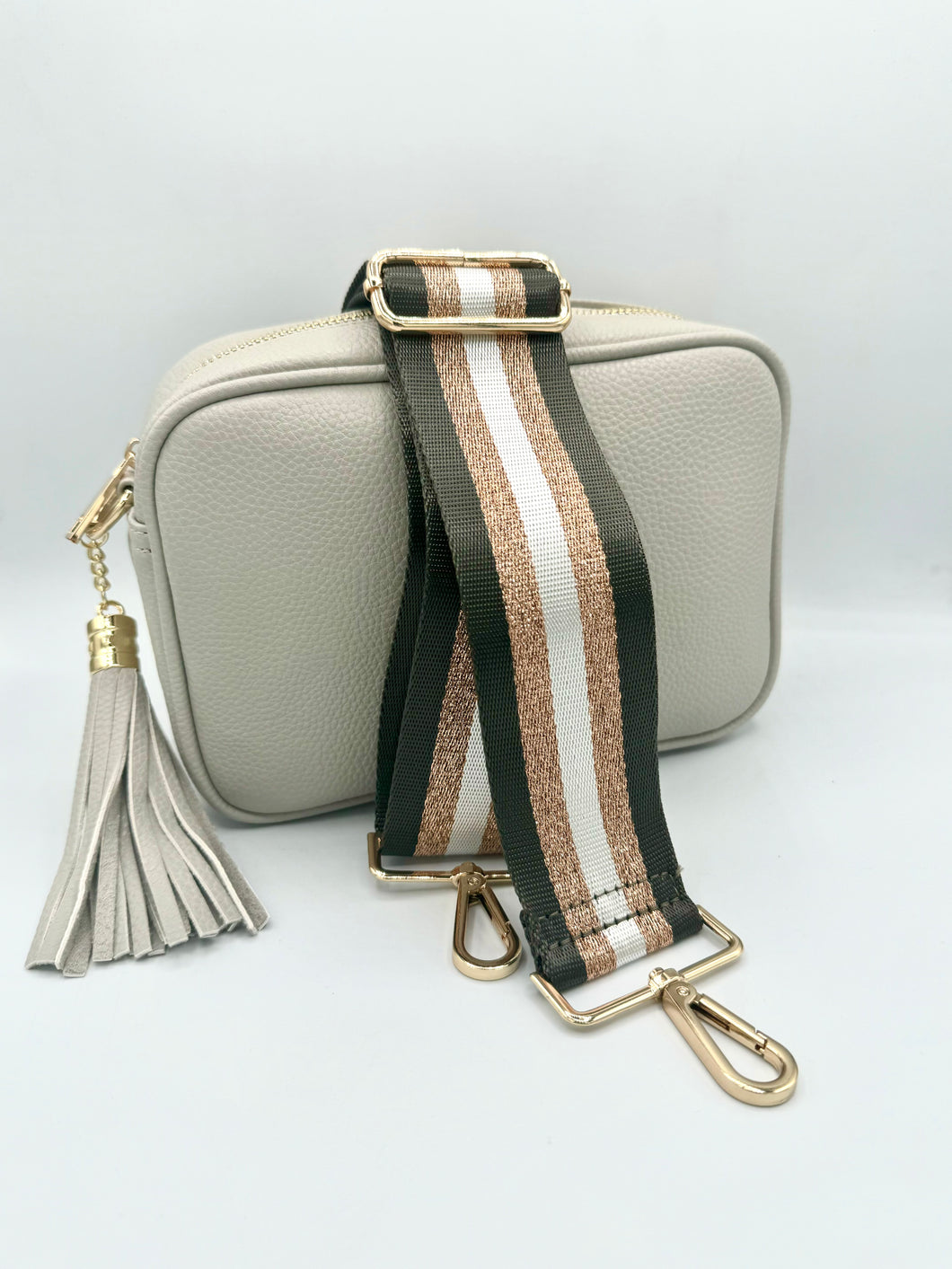 Bag Strap 78 - Dark Grey, White & Rose Gold Sparkly Stripe