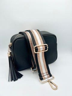 Load image into Gallery viewer, Bag Strap 62 - Black, White &amp; Sparkly Rose Gold Stripe

