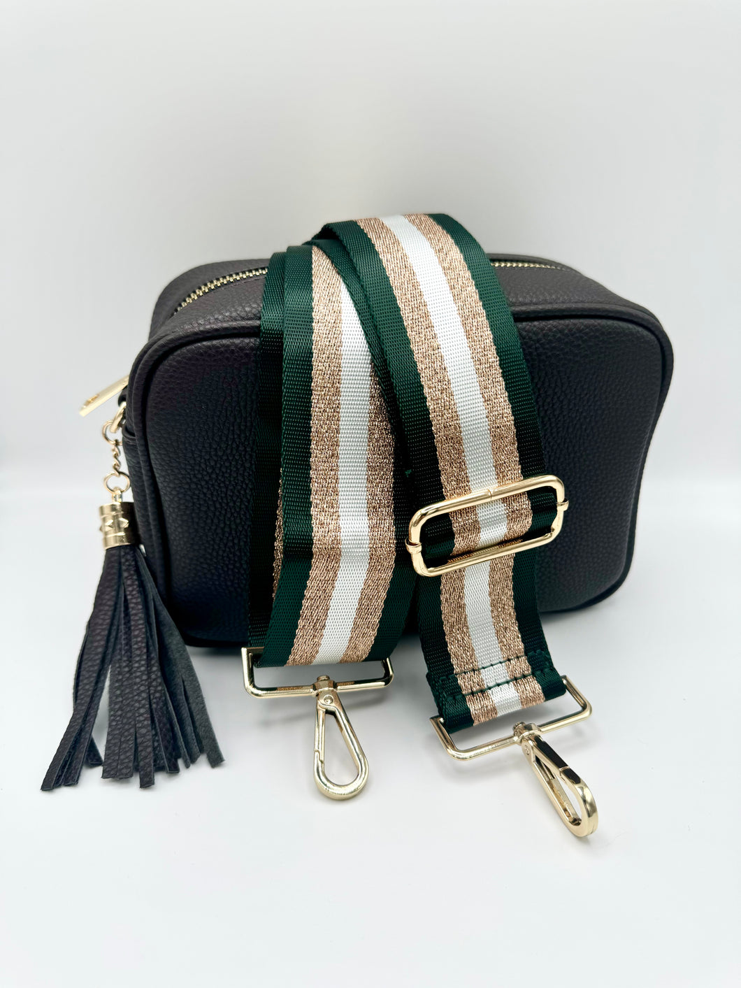 Bag Strap 84 - Dark Green, White & Rose Gold Sparkly Stripe