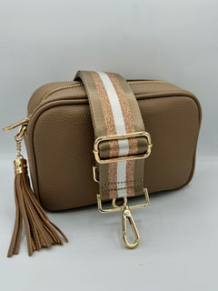 Load image into Gallery viewer, Bag Strap 73 - Mocha, White &amp; Rose Gold Sparkly Stripe
