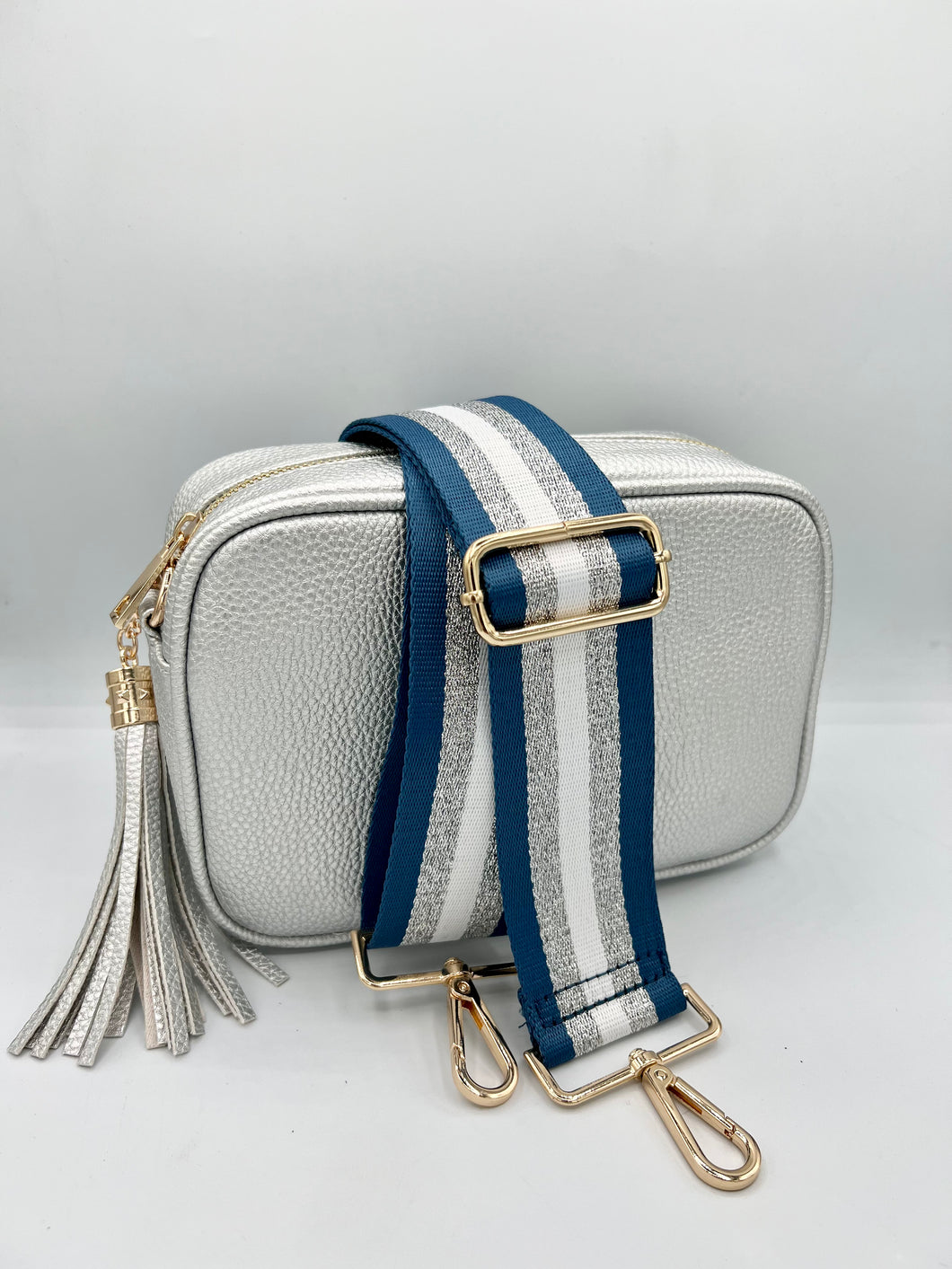 Bag Strap 17 - Denim Blue, Silver & White Stripe