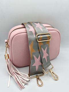 Load image into Gallery viewer, Bag Strap 56 - Grey, Pink &amp; Gold Stars
