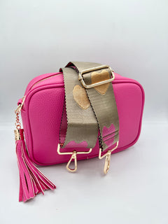 Load image into Gallery viewer, Bag Strap 7 - Taupe, Pink &amp; Gold Hearts
