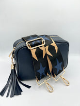 Load image into Gallery viewer, Bag Strap 55 - Black with Navy &amp; Gold Stars
