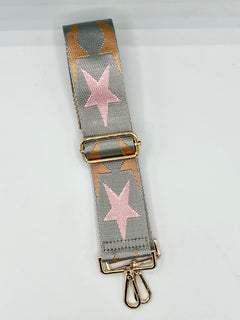 Load image into Gallery viewer, Bag Strap 56 - Grey, Pink &amp; Gold Stars
