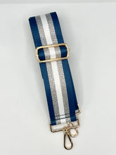 Load image into Gallery viewer, Bag Strap 17 - Denim Blue, Silver &amp; White Stripe
