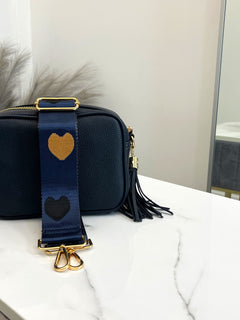 Load image into Gallery viewer, Bag Strap 12 - Navy, Black &amp; Gold Hearts
