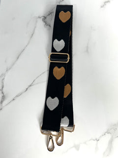 Load image into Gallery viewer, Bag Strap 10 - Black With Gold &amp; Silver Hearts

